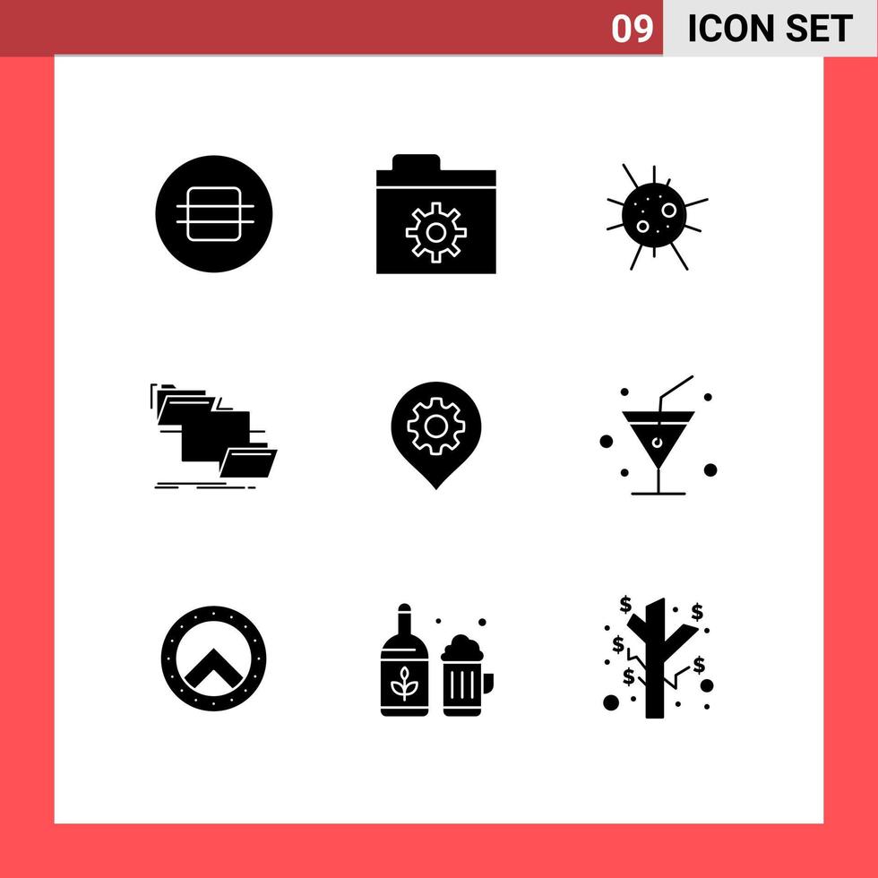Modern Set of 9 Solid Glyphs Pictograph of location gear disease copy management Editable Vector Design Elements