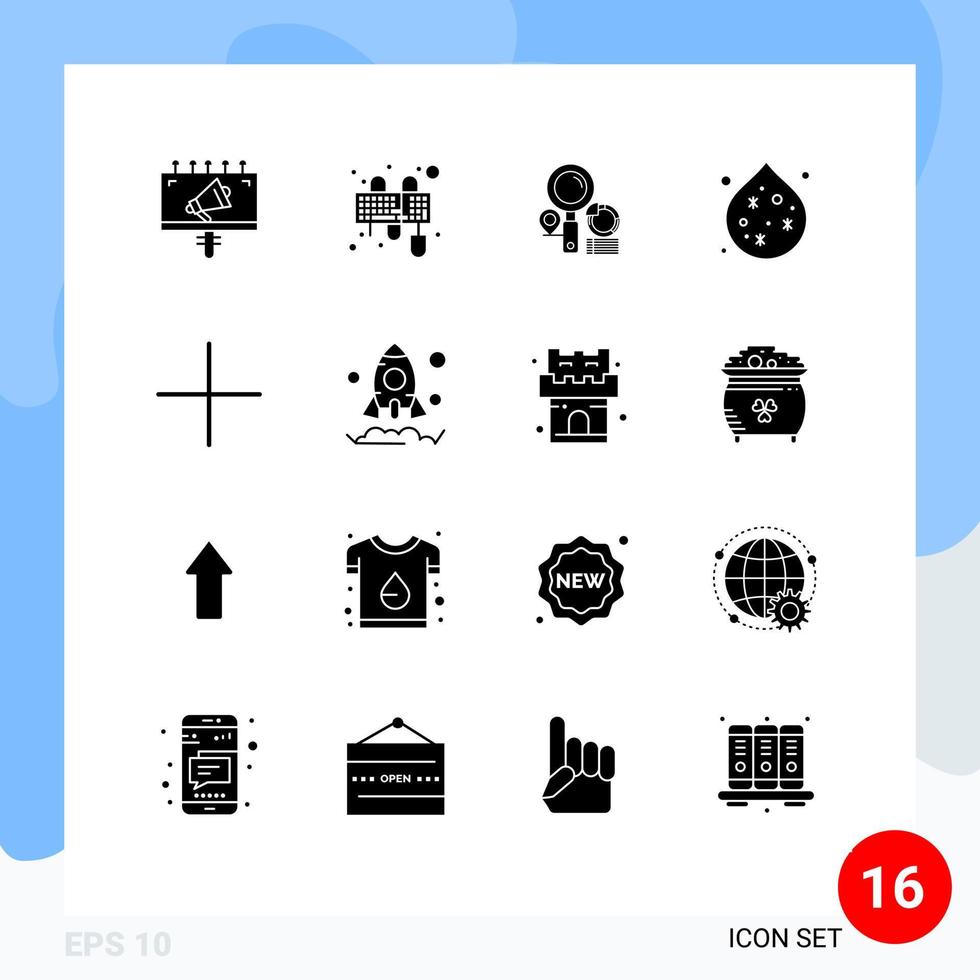 16 Universal Solid Glyphs Set for Web and Mobile Applications plus add search water pollution Editable Vector Design Elements