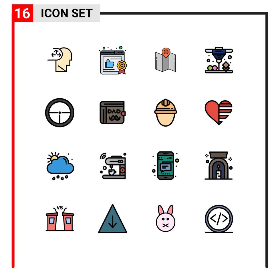 Pack of 16 Modern Flat Color Filled Lines Signs and Symbols for Web Print Media such as military army direction laser sintering printing Editable Creative Vector Design Elements