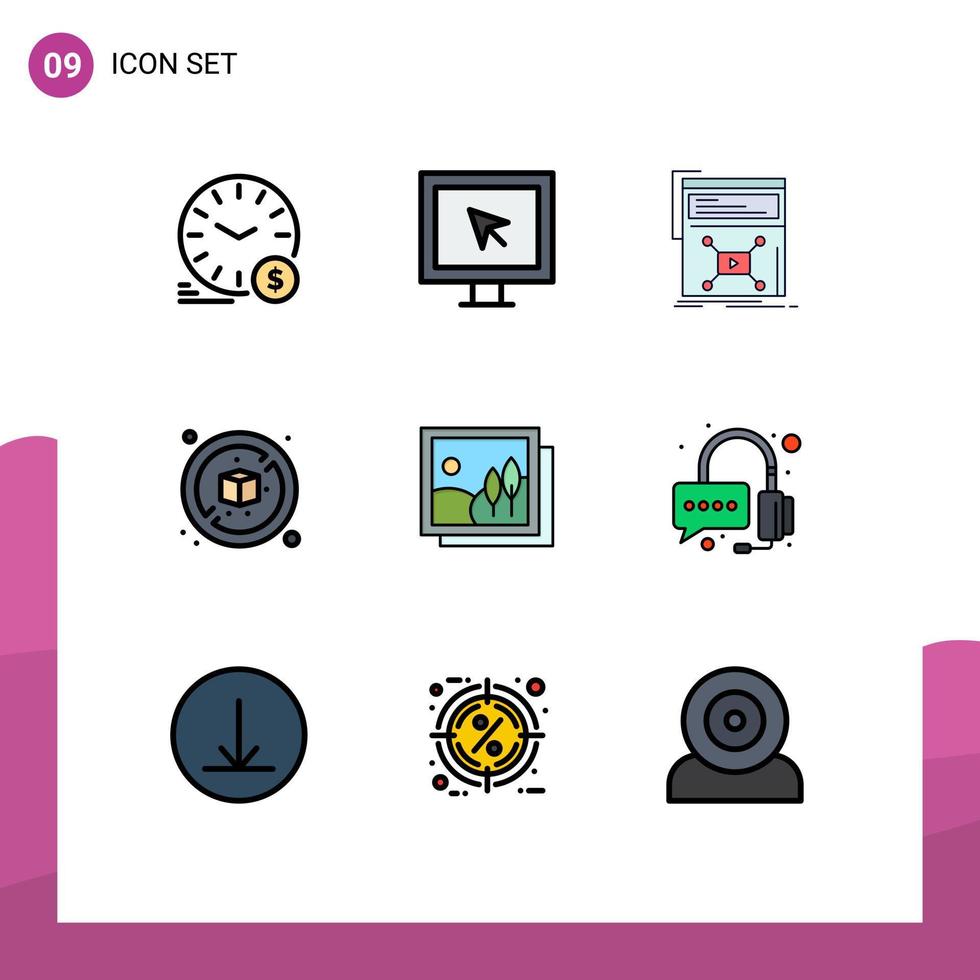 Pack of 9 Modern Filledline Flat Colors Signs and Symbols for Web Print Media such as frame diet tv no web Editable Vector Design Elements