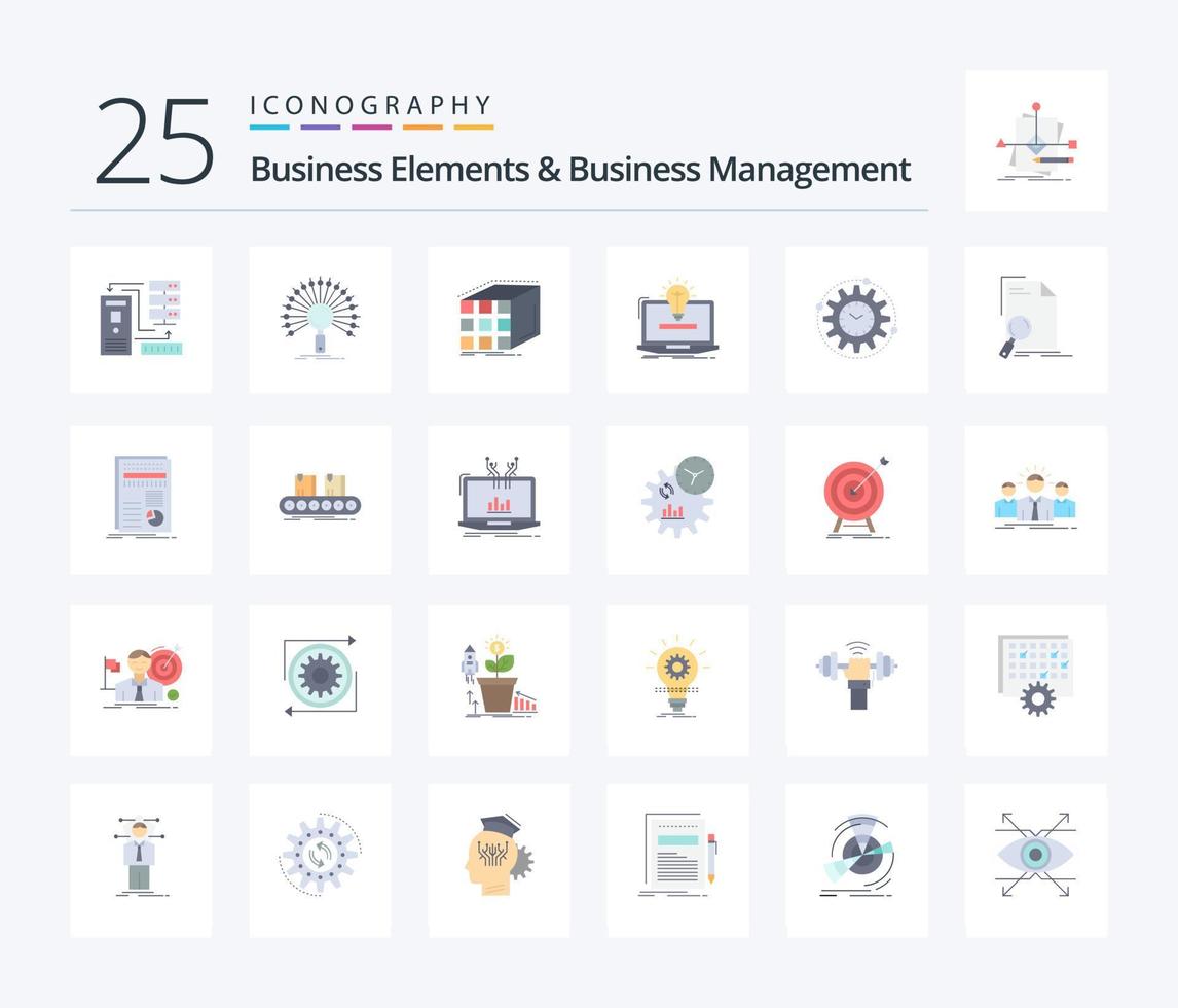 Business Elements And Business Managment 25 Flat Color icon pack including idea. laptop. network. matrix. cube vector