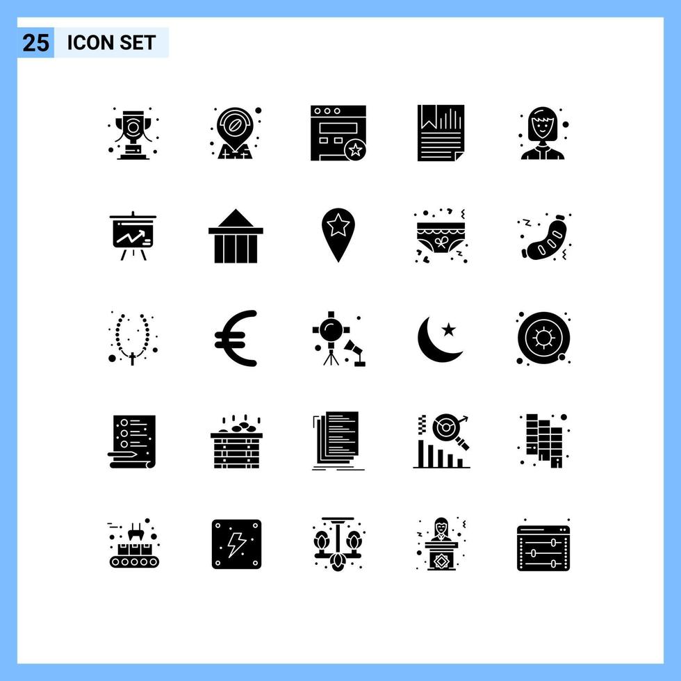grupo de símbolos de iconos universales de 25 glifos sólidos modernos de elementos de diseño vectorial editables de página de informe seo de avatar de estudiante vector