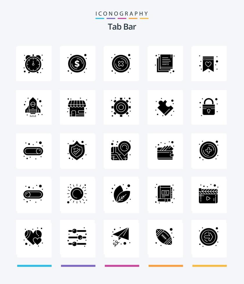 Creative Tab Bar 25 Glyph Solid Black icon pack  Such As rocket. shopping list. cross. favorite. documents vector