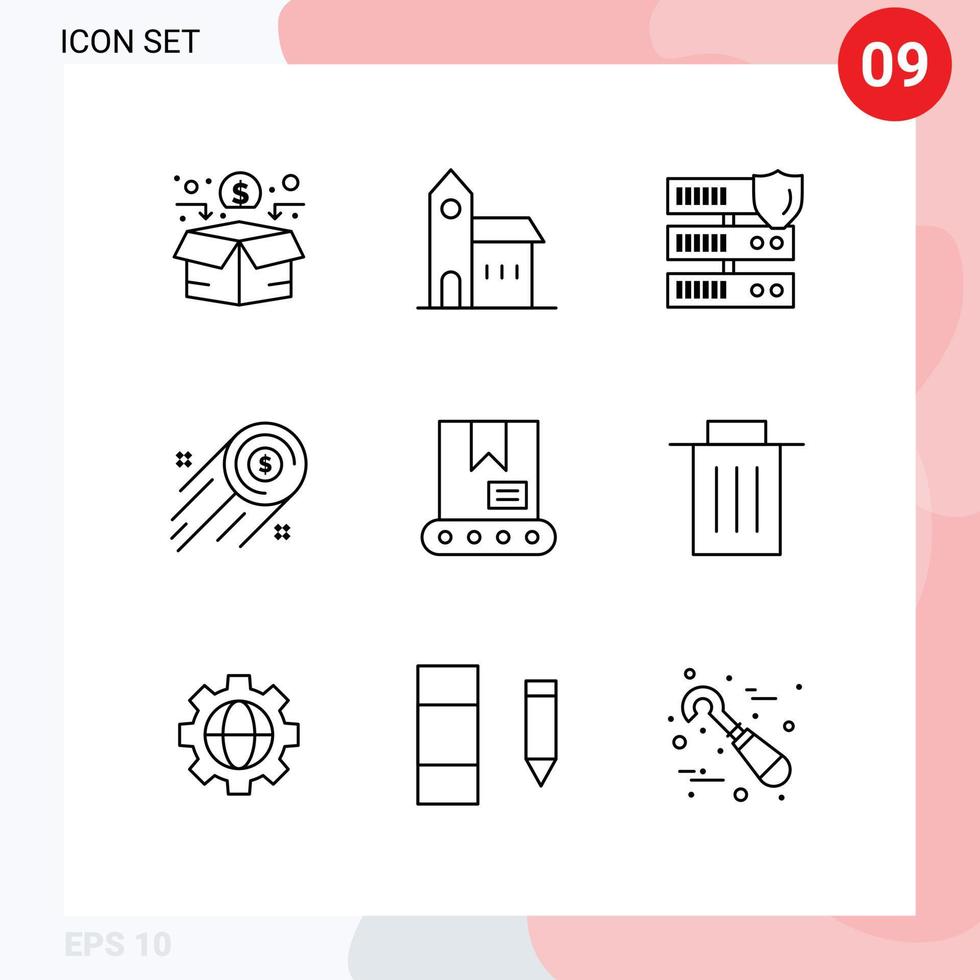 Group of 9 Modern Outlines Set for bulldozer growth monastery dollar coin security Editable Vector Design Elements