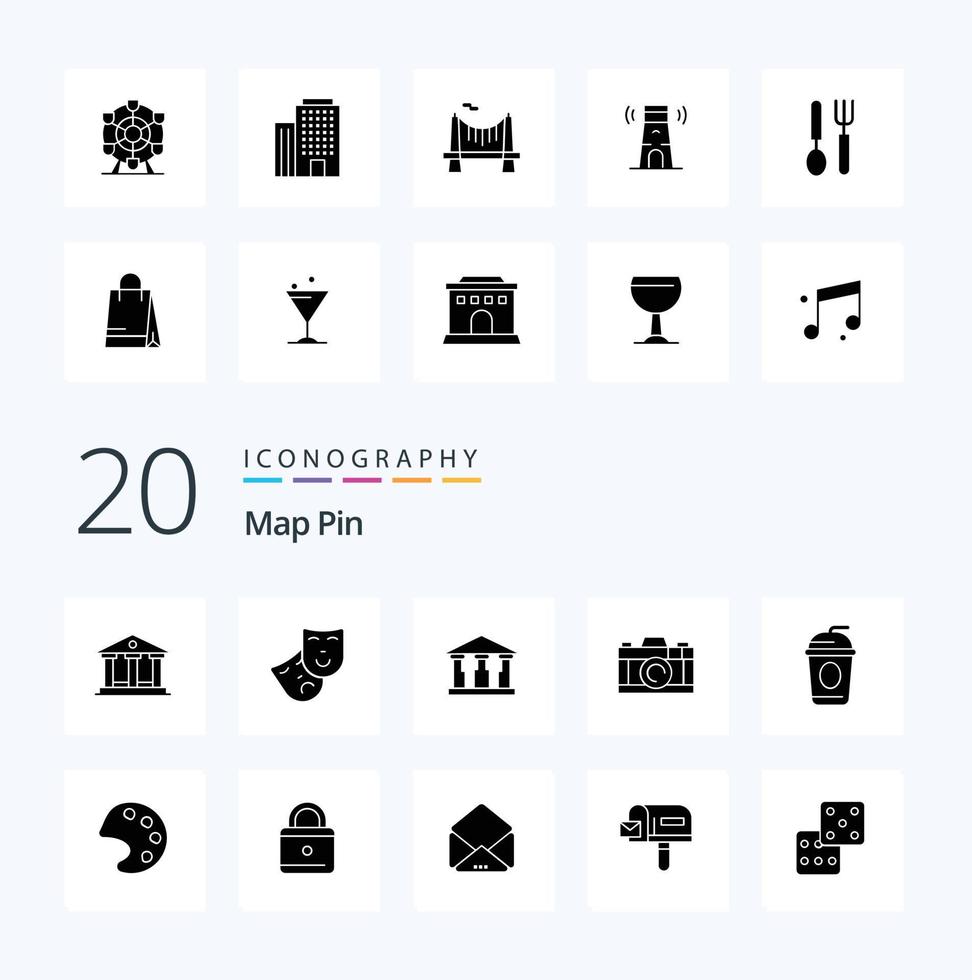 paquete de iconos de glifo sólido de 20 pines de mapa como herramientas color mony paris cola vector