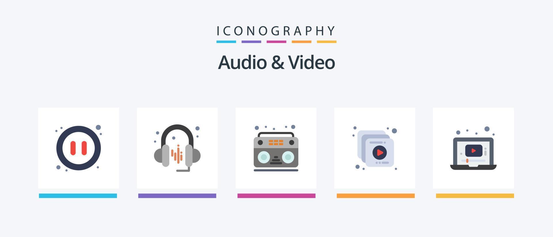 Audio And Video Flat 5 Icon Pack Including music. video. music. laptop. multimedia. Creative Icons Design vector