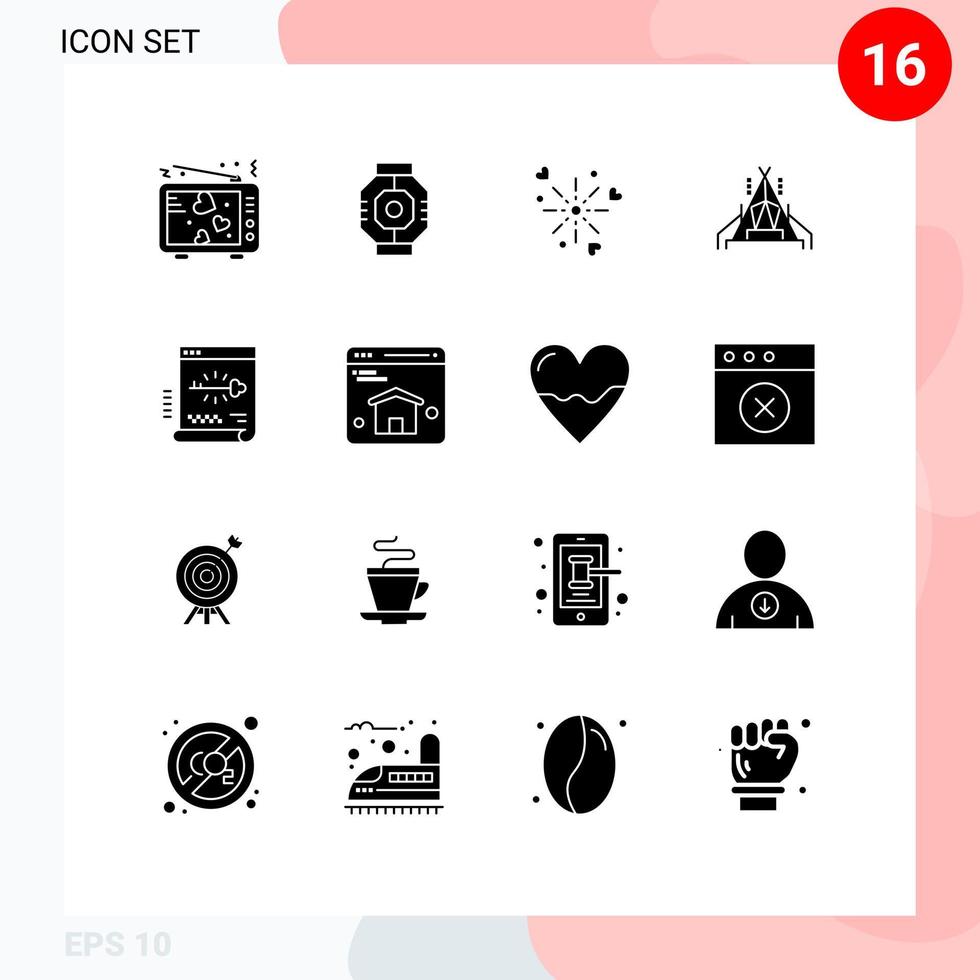 Set of 16 Commercial Solid Glyphs pack for key tent module camp heart Editable Vector Design Elements