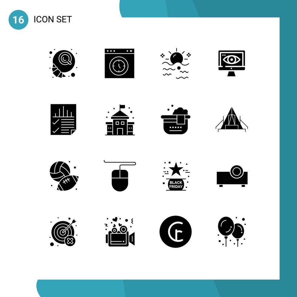 Set of 16 Commercial Solid Glyphs pack for data security test computer sun Editable Vector Design Elements