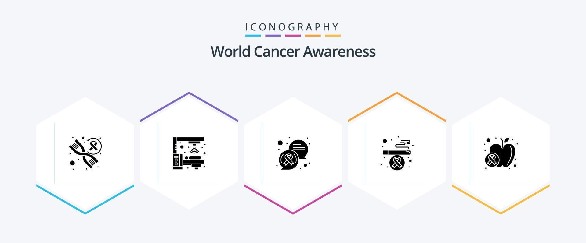 paquete de iconos de 25 glifos de conciencia mundial sobre el cáncer que incluye comida. fruta. comunicación. manzana. salud vector