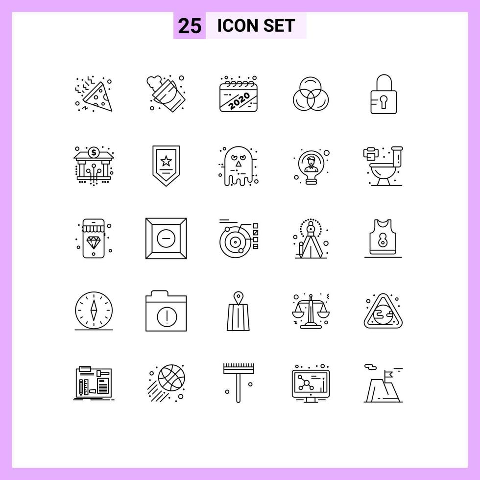 Set of 25 Vector Lines on Grid for bank locked date lock color Editable Vector Design Elements
