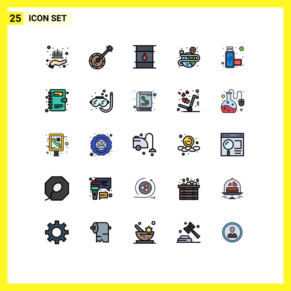 25 User Interface Filled line Flat Color Pack of modern Signs and Symbols of globe creative music logistic cylinder Editable Vector Design Elements
