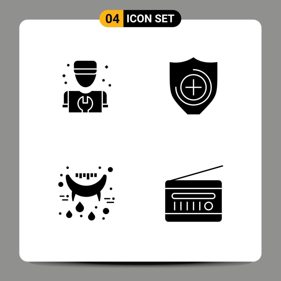 4 Solid Glyph concept for Websites Mobile and Apps man teeth repair shield audio broadcasting Editable Vector Design Elements