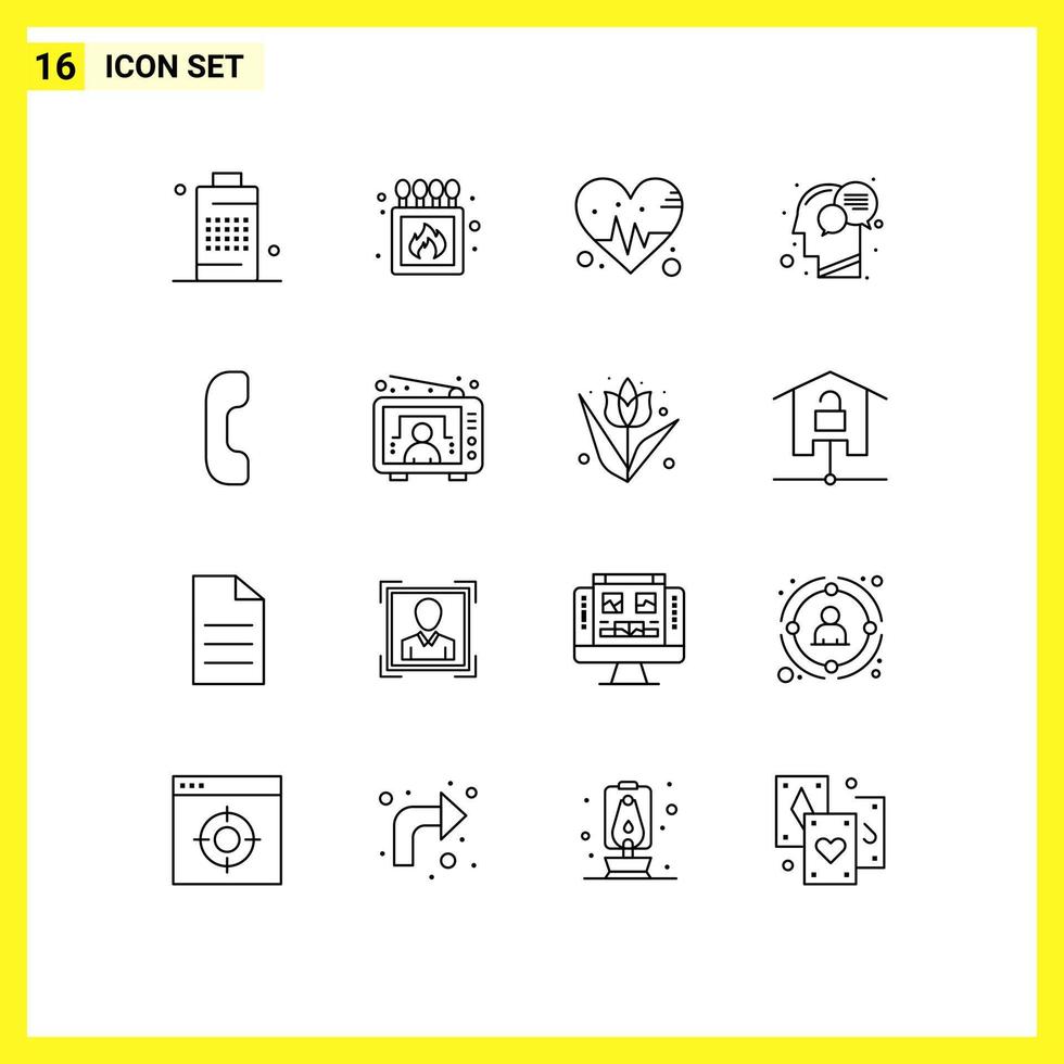 conjunto moderno de 16 contornos y símbolos, como la caja mental de respuesta, comunicación humana, elementos de diseño vectorial editables vector