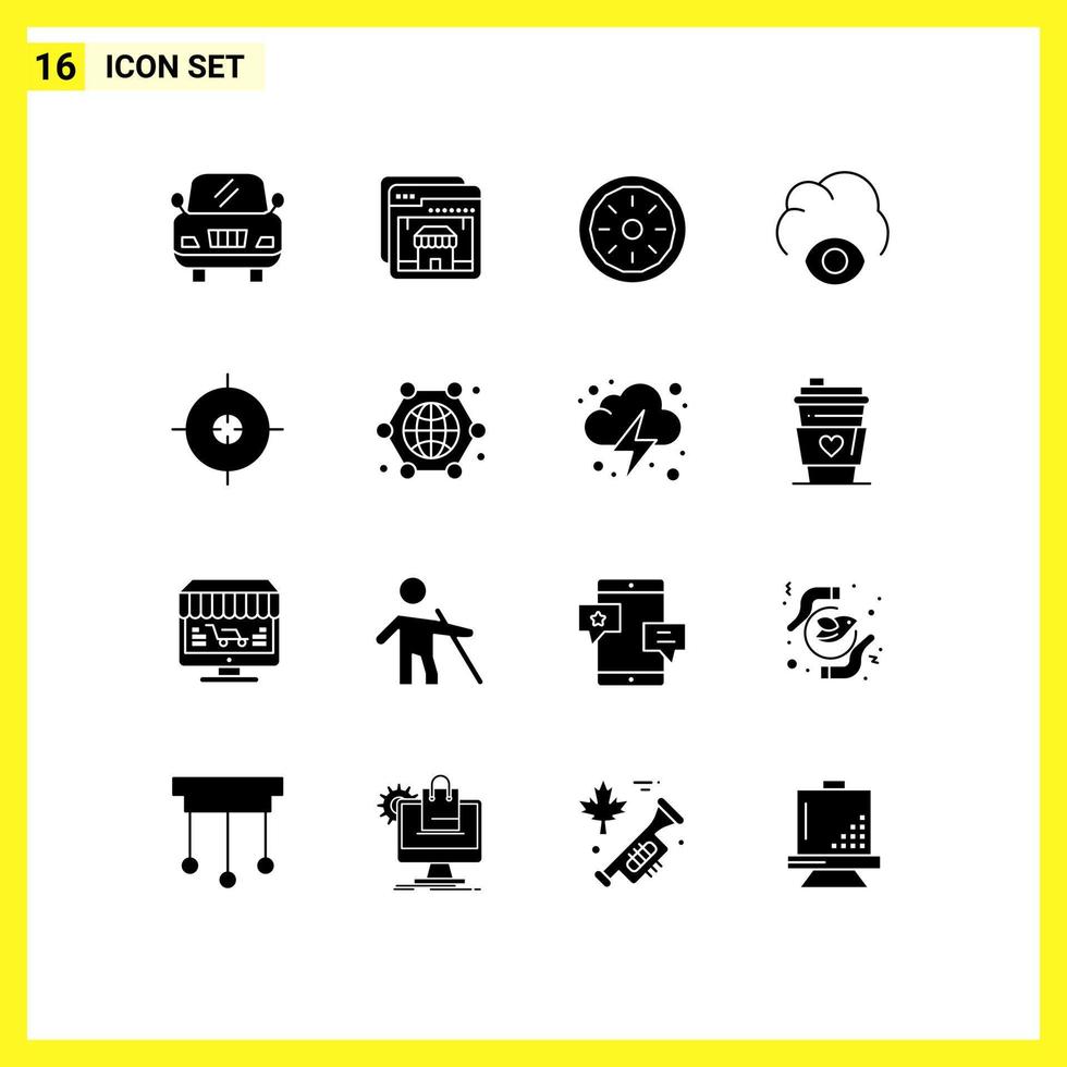 16 Universal Solid Glyph Signs Symbols of communication science pie aim eye Editable Vector Design Elements