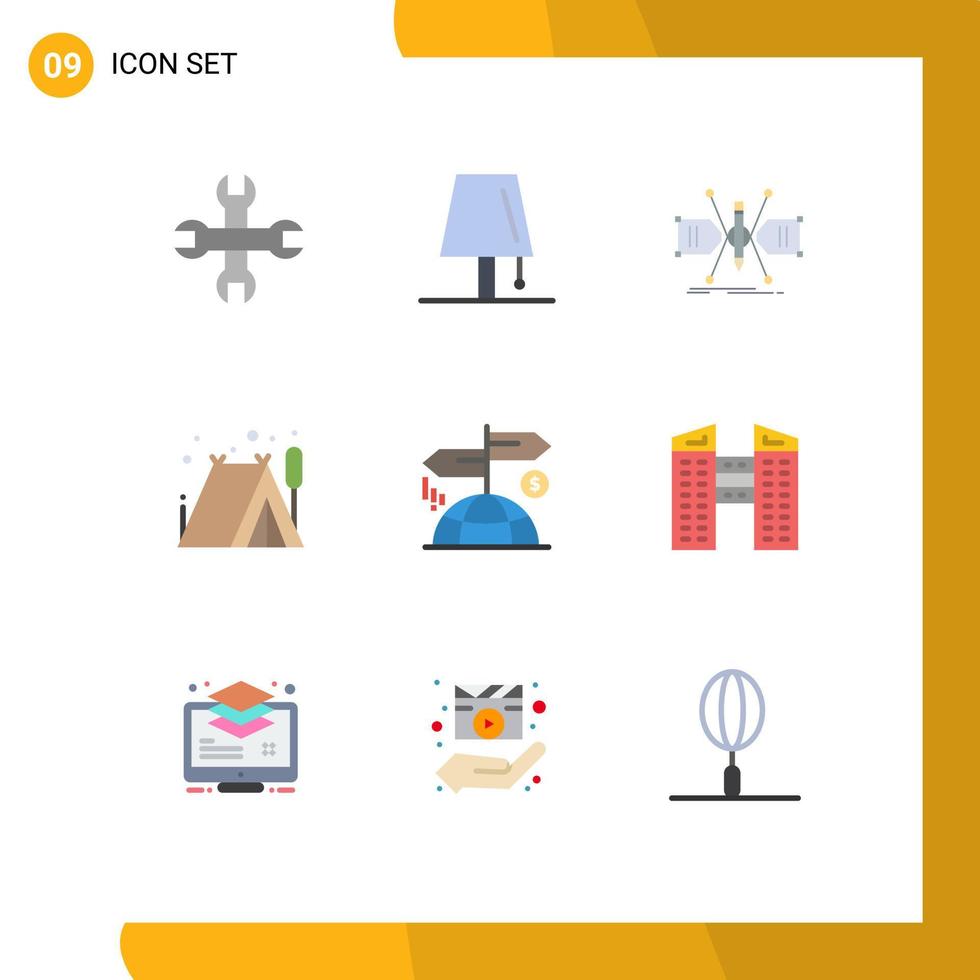 Modern Set of 9 Flat Colors Pictograph of direction tent architect outdoor structure Editable Vector Design Elements