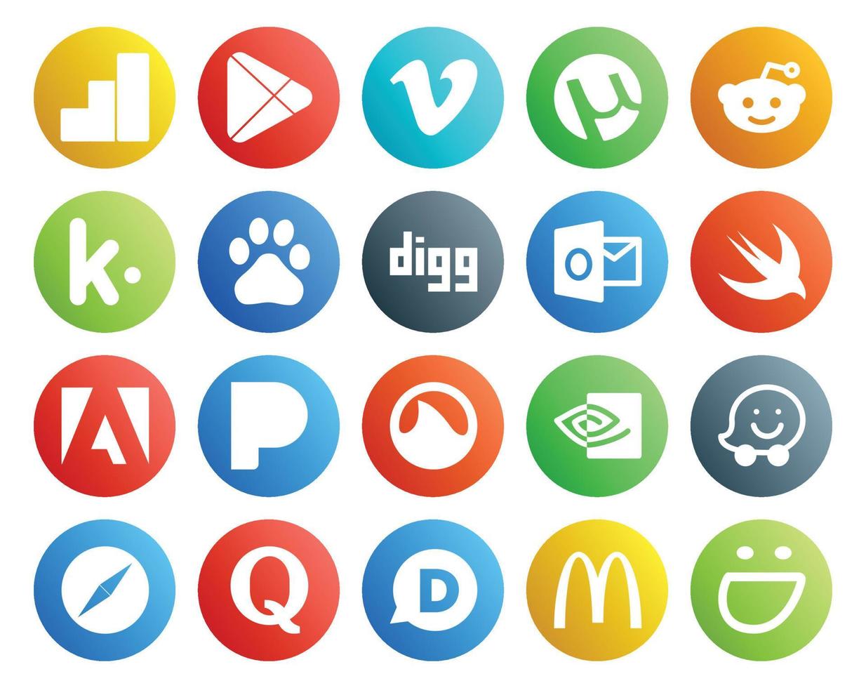 paquete de 20 íconos de redes sociales que incluye safari nvidia baidu grooveshark adobe vector