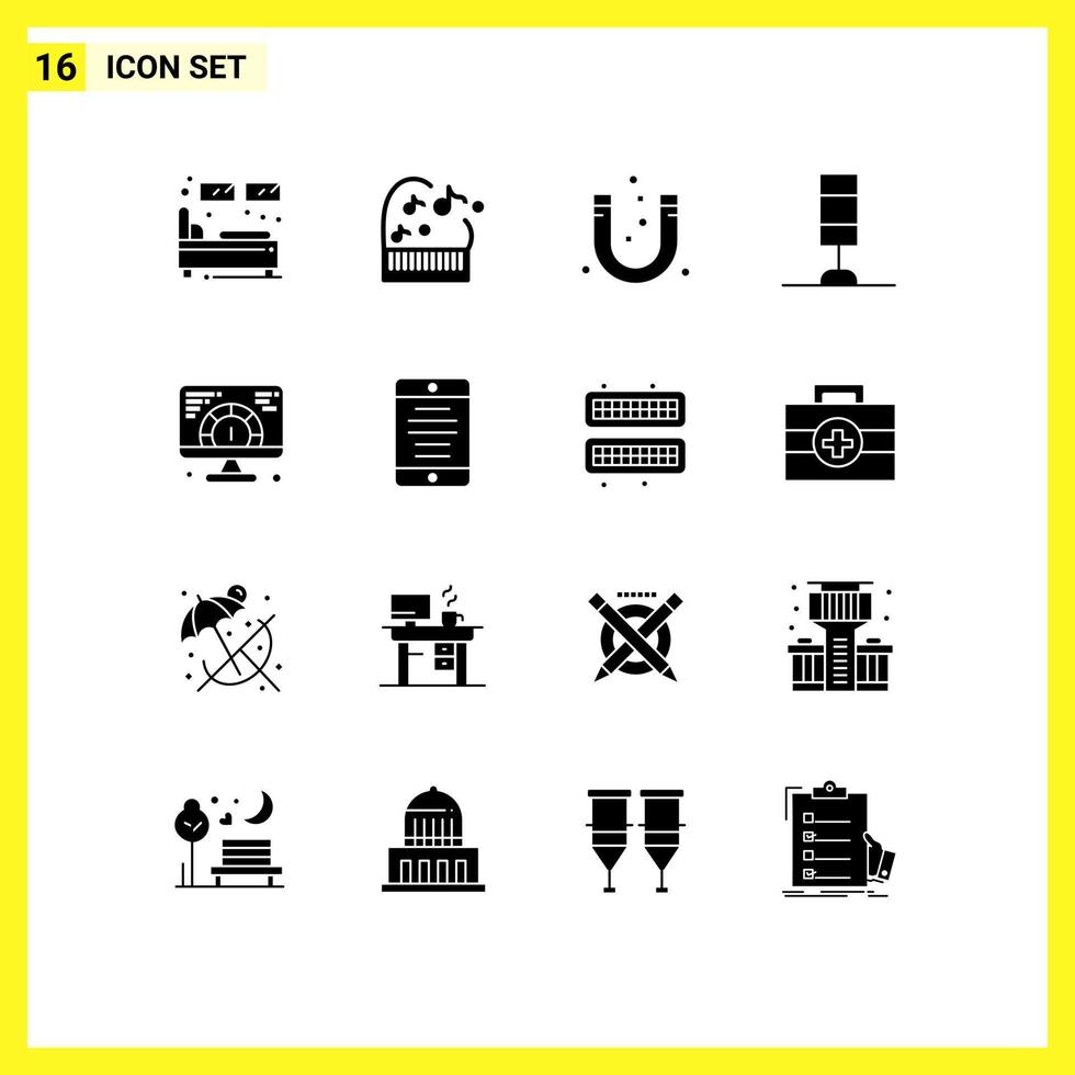 User Interface Pack of 16 Basic Solid Glyphs of web light attract lamp negative Editable Vector Design Elements