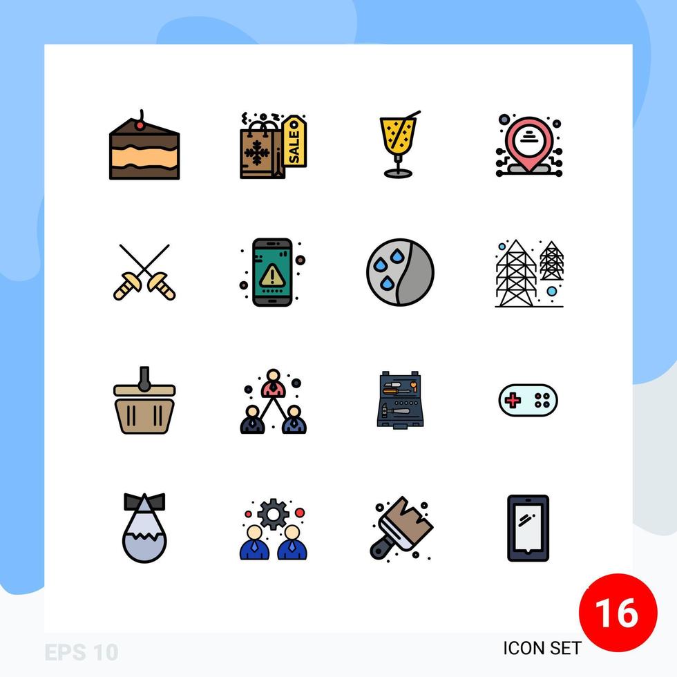 Pack of 16 Modern Flat Color Filled Lines Signs and Symbols for Web Print Media such as error sport drink sabre ip Editable Creative Vector Design Elements