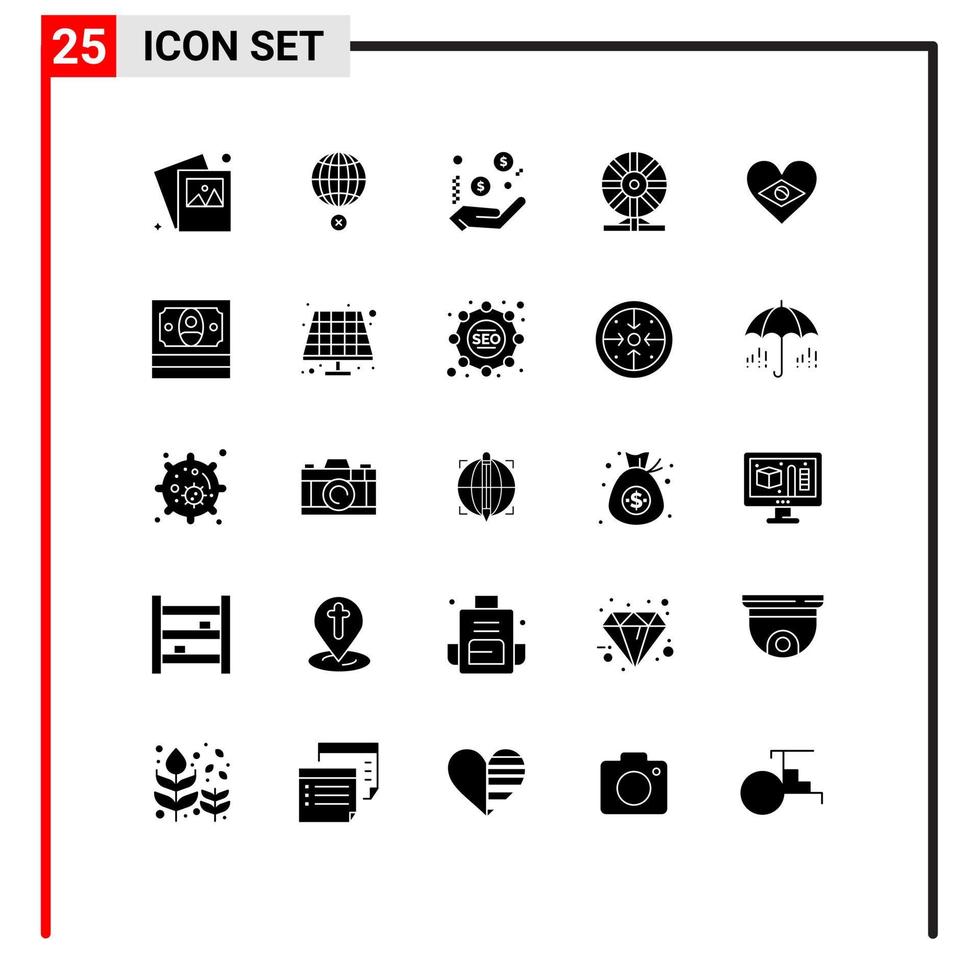 25 User Interface Solid Glyph Pack of modern Signs and Symbols of heart laboratory business chemistry biochemistry Editable Vector Design Elements