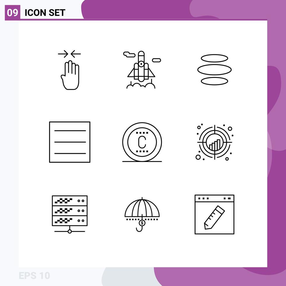 Pack of 9 creative Outlines of chart seo coin protection menu Editable Vector Design Elements