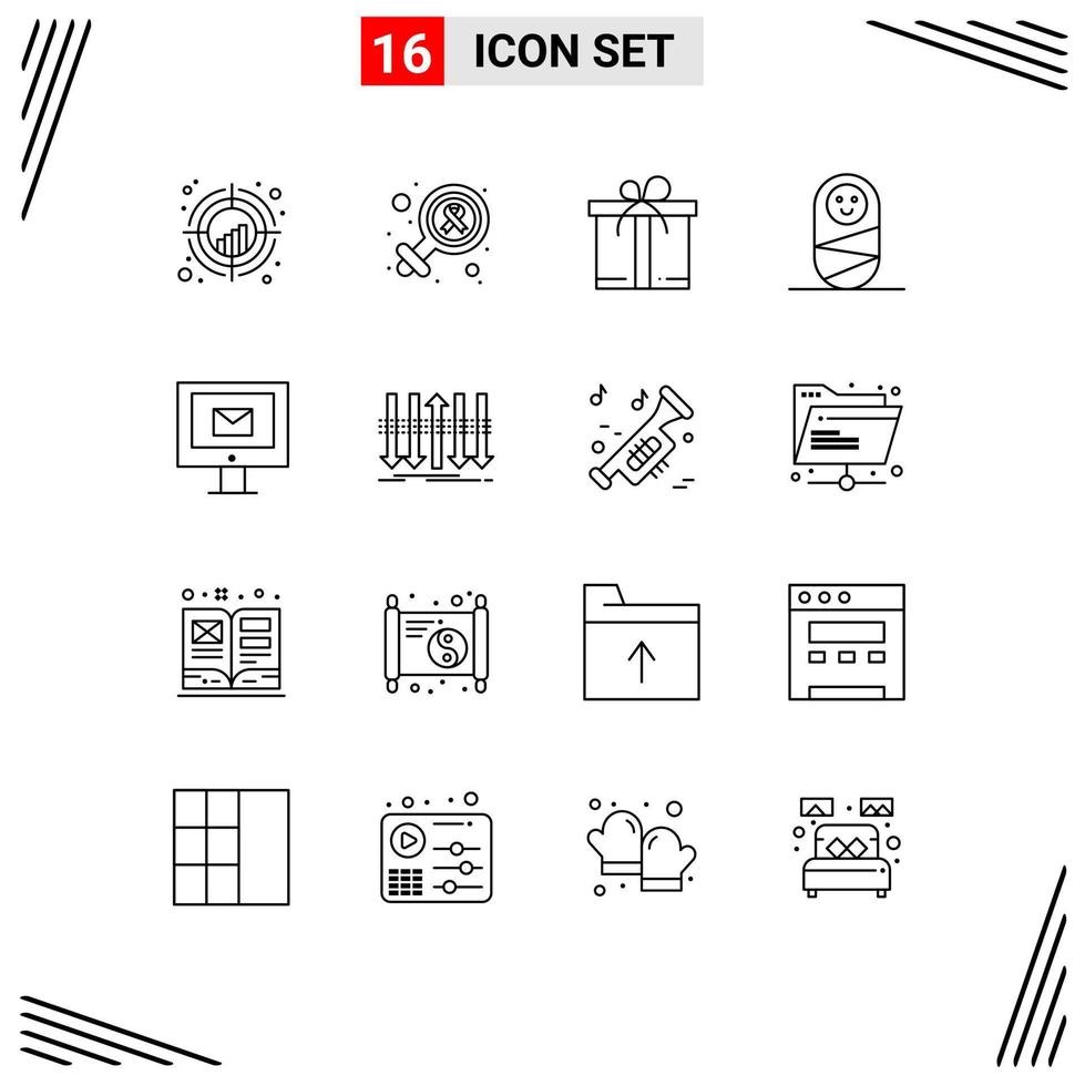 16 User Interface Outline Pack of modern Signs and Symbols of service mail cancer day computer child Editable Vector Design Elements