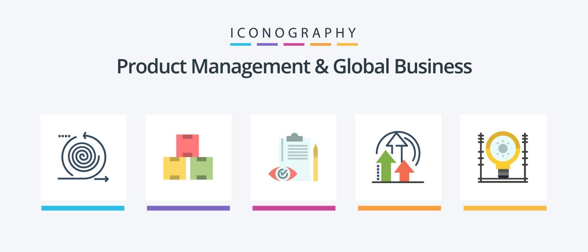 gestión de productos y paquete de iconos de 5 planos de negocios globales que incluye el producto. método. existencias. gestión. control. diseño de iconos creativos vector