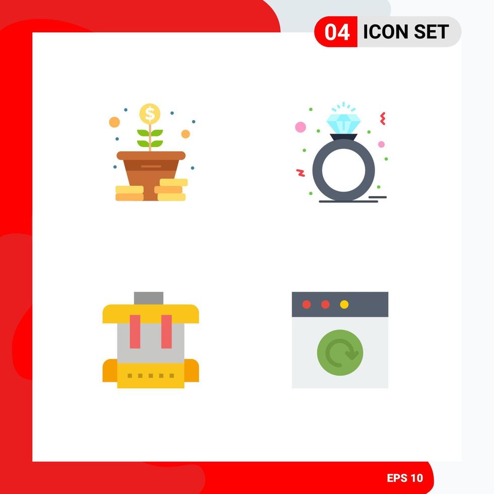 Mobile Interface Flat Icon Set of 4 Pictograms of growth education coins ring app Editable Vector Design Elements