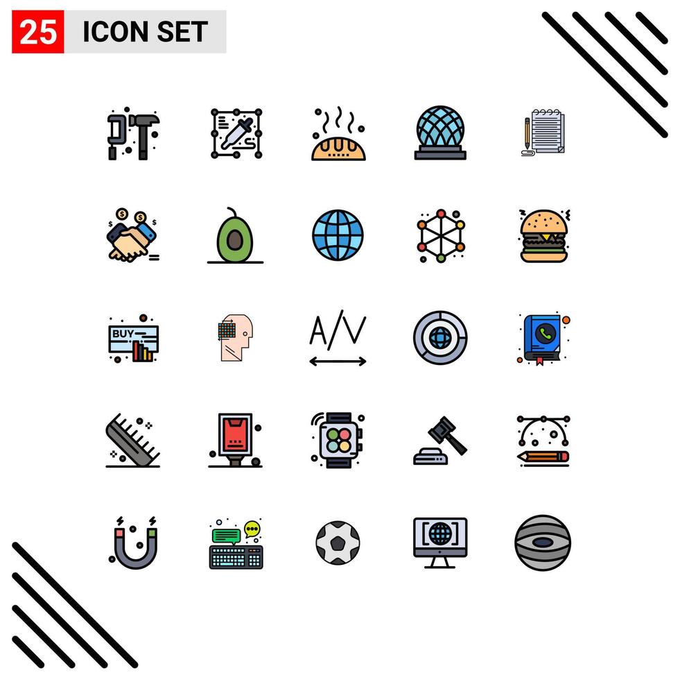 Pictogram Set of 25 Simple Filled line Flat Colors of notebook dome bread city building Editable Vector Design Elements