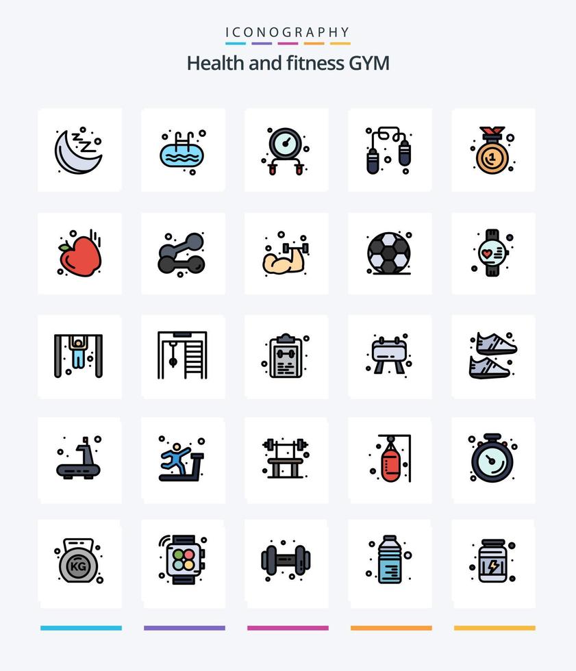 Creative Gym 25 Line FIlled icon pack  Such As food. medal. swim. emblem. award vector