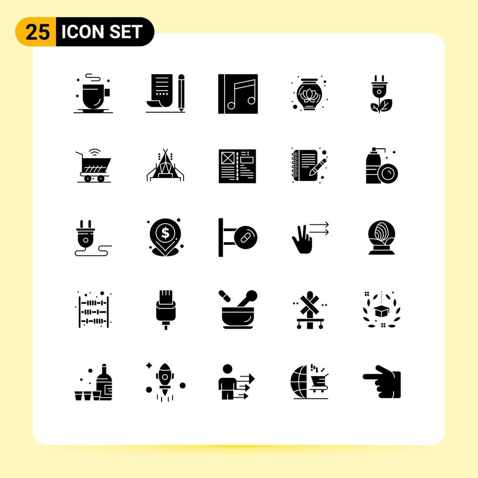 Pictogram Set of 25 Simple Solid Glyphs of energy decoration album lotus songs Editable Vector Design Elements