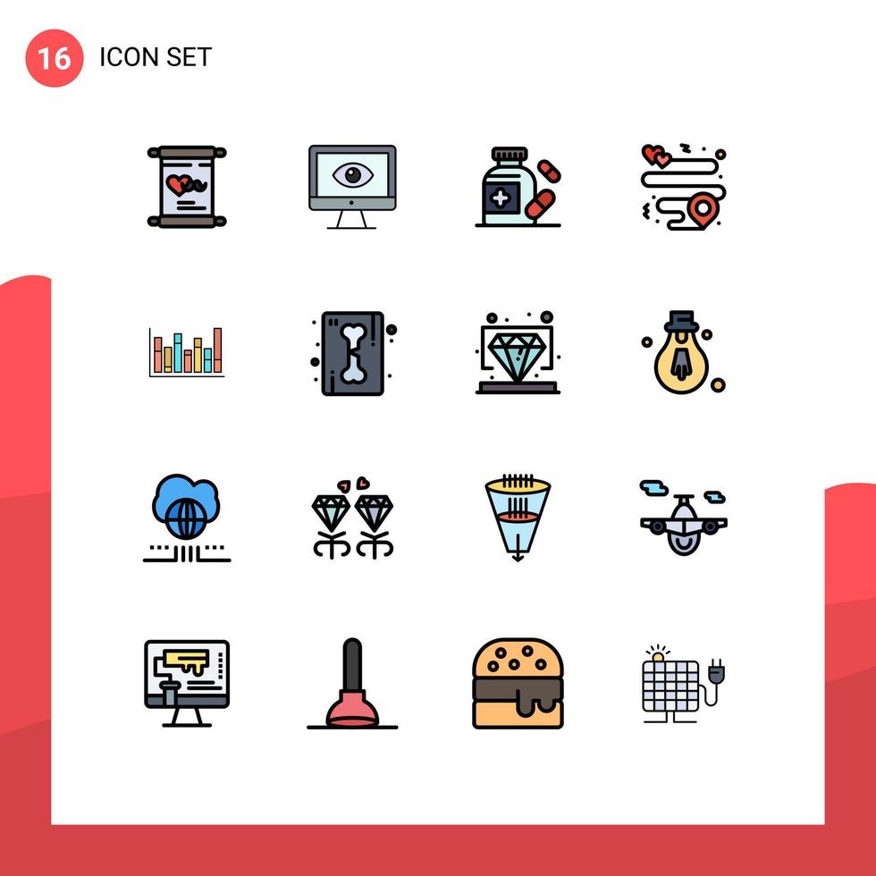 16 Universal Flat Color Filled Lines Set for Web and Mobile Applications line pin video location medicine Editable Creative Vector Design Elements