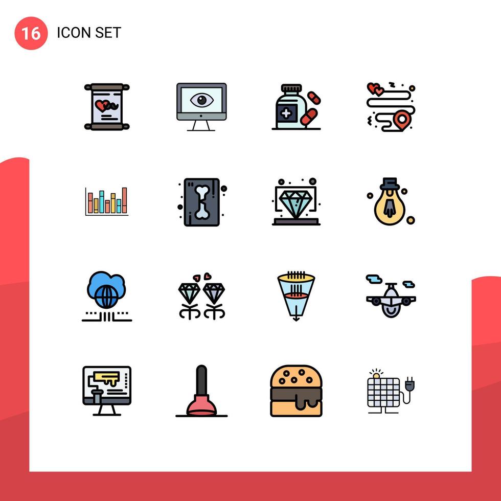 16 líneas llenas de colores planos universales establecidas para aplicaciones web y móviles pin de línea ubicación de video medicina elementos de diseño de vectores creativos editables