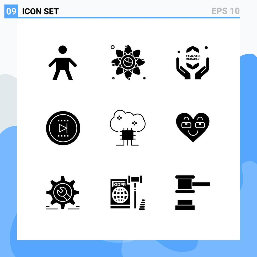 Mobile Interface Solid Glyph Set of 9 Pictograms of cloud database onward pray online movie Editable Vector Design Elements