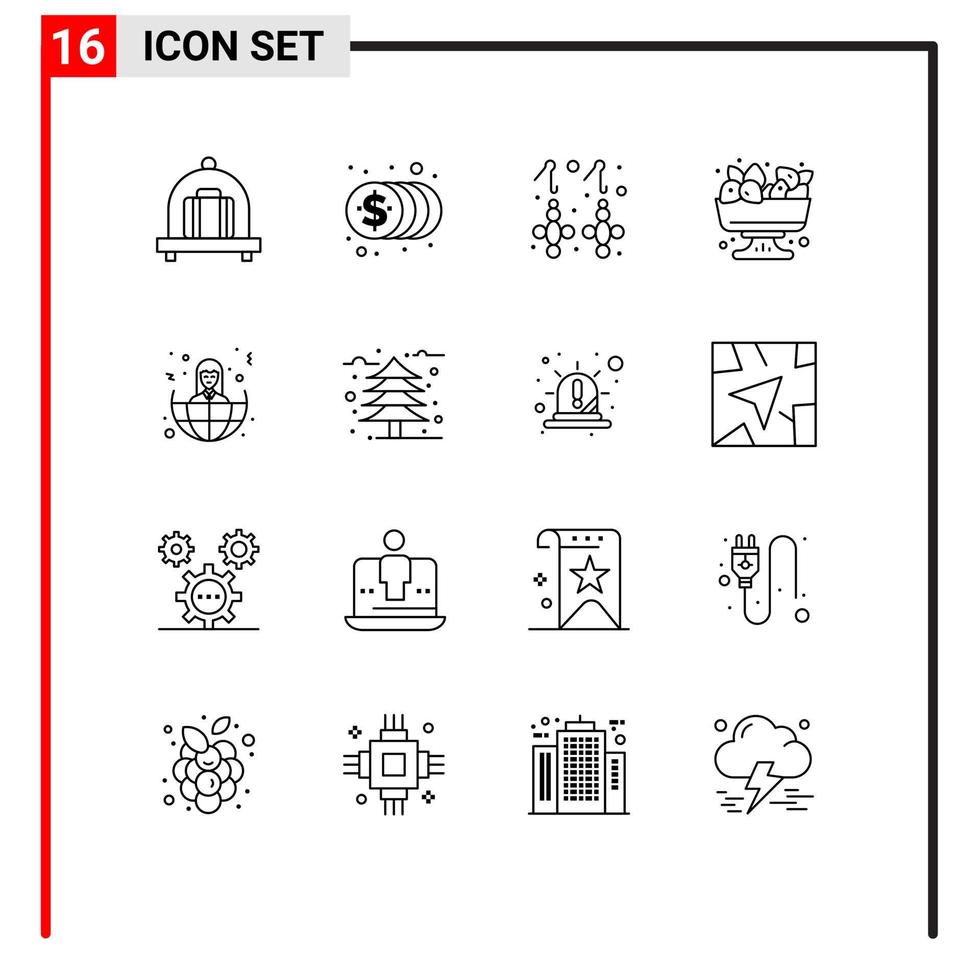 16 Universal Outlines Set for Web and Mobile Applications world offshore gemstone business fruit Editable Vector Design Elements