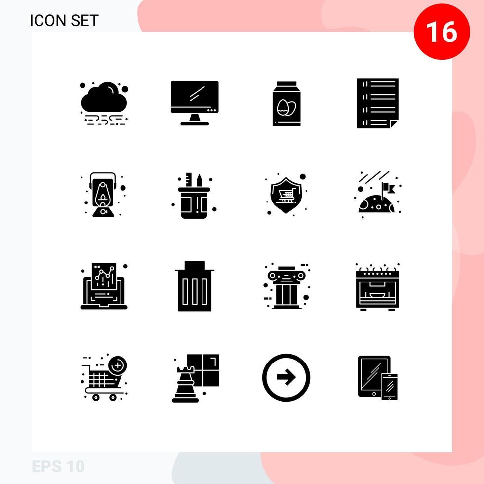 16 User Interface Solid Glyph Pack of modern Signs and Symbols of lamp four egg document bars Editable Vector Design Elements