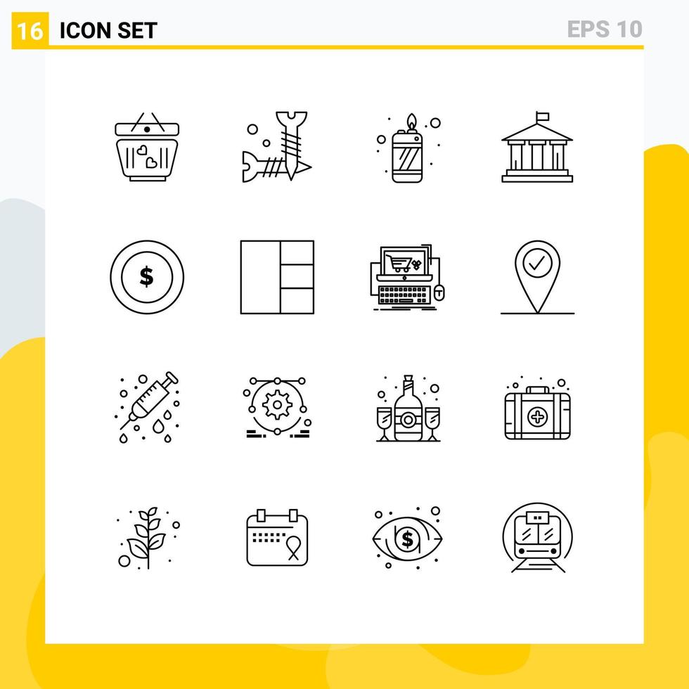 Group of 16 Modern Outlines Set for finance coin fire usa flag Editable Vector Design Elements