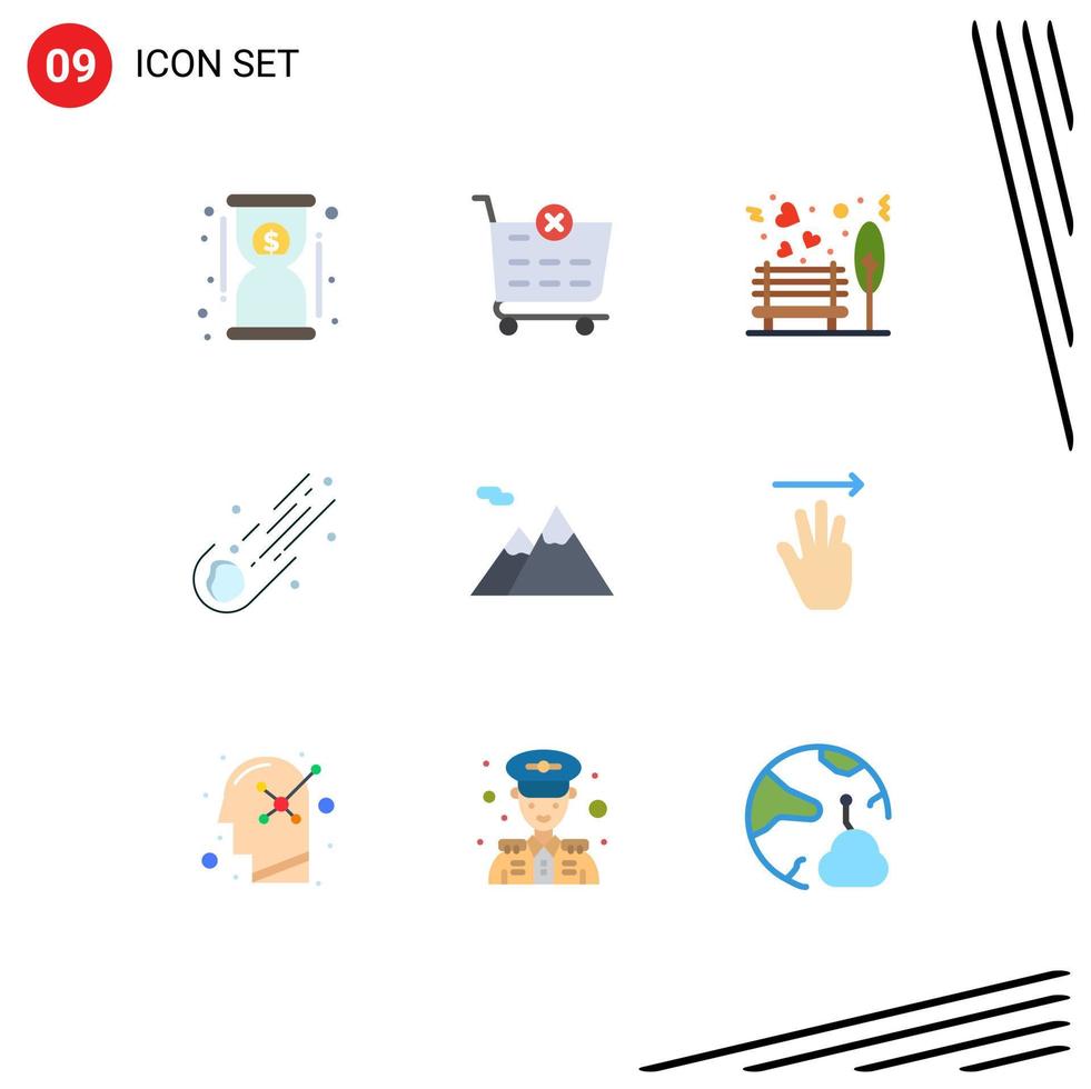 9 User Interface Flat Color Pack of modern Signs and Symbols of camping space love meteor asteroid Editable Vector Design Elements