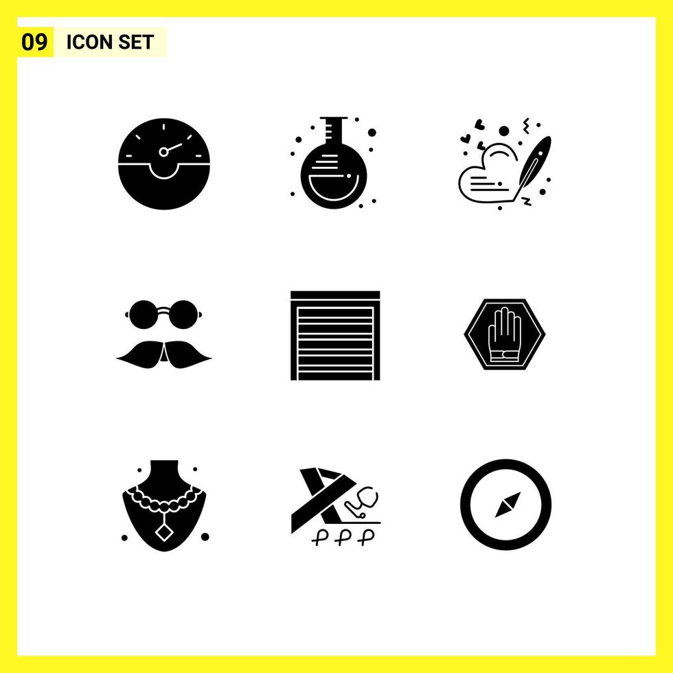 Set of 9 Commercial Solid Glyphs pack for city men love glasses hipster Editable Vector Design Elements