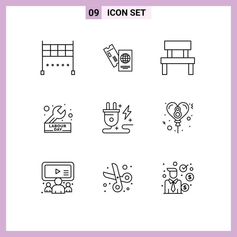 Stock Vector Icon Pack of 9 Line Signs and Symbols for wrench engineer bench construction park Editable Vector Design Elements