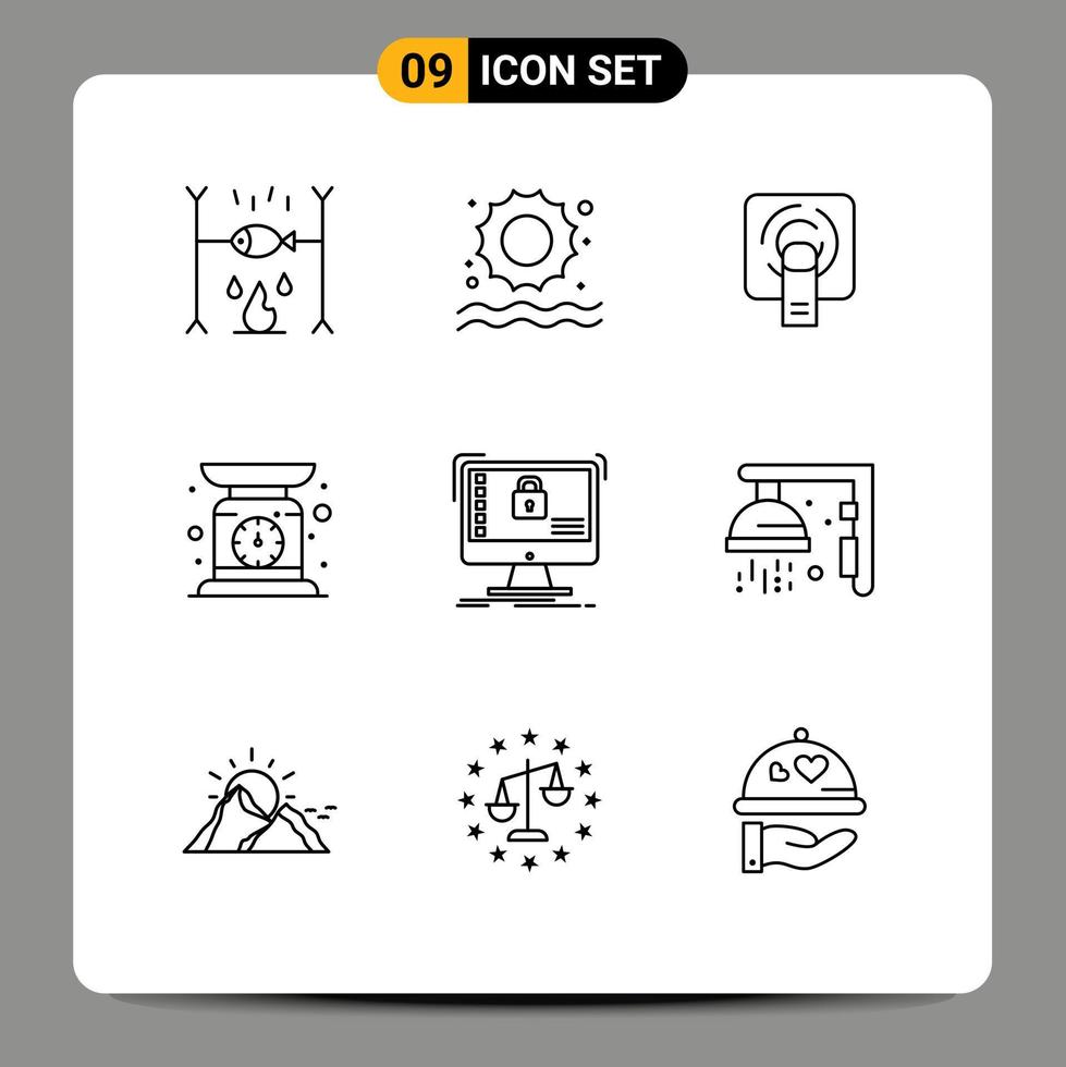 9 Universal Outlines Set for Web and Mobile Applications safe secure tuch weighing machine Editable Vector Design Elements