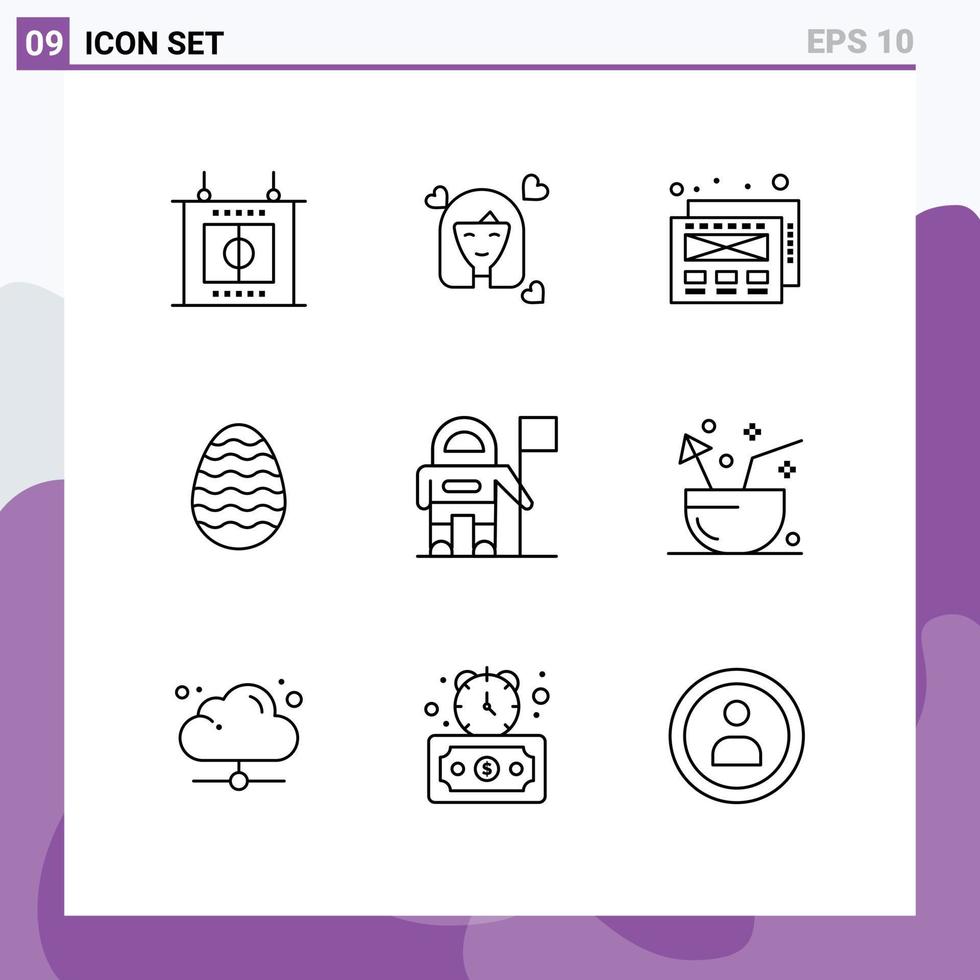 Modern Set of 9 Outlines Pictograph of coconut exploration mockup design astronaut easter egg Editable Vector Design Elements