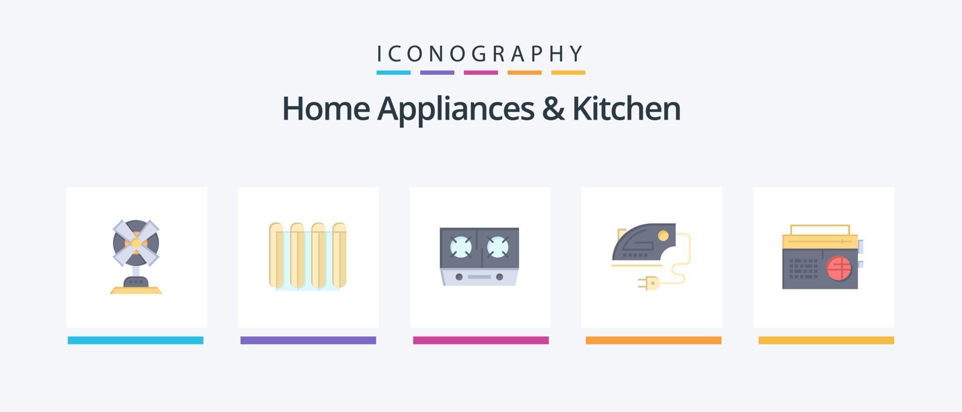 Home Appliances And Kitchen Flat 5 Icon Pack Including radio. iron. heating. home. cooking. Creative Icons Design vector