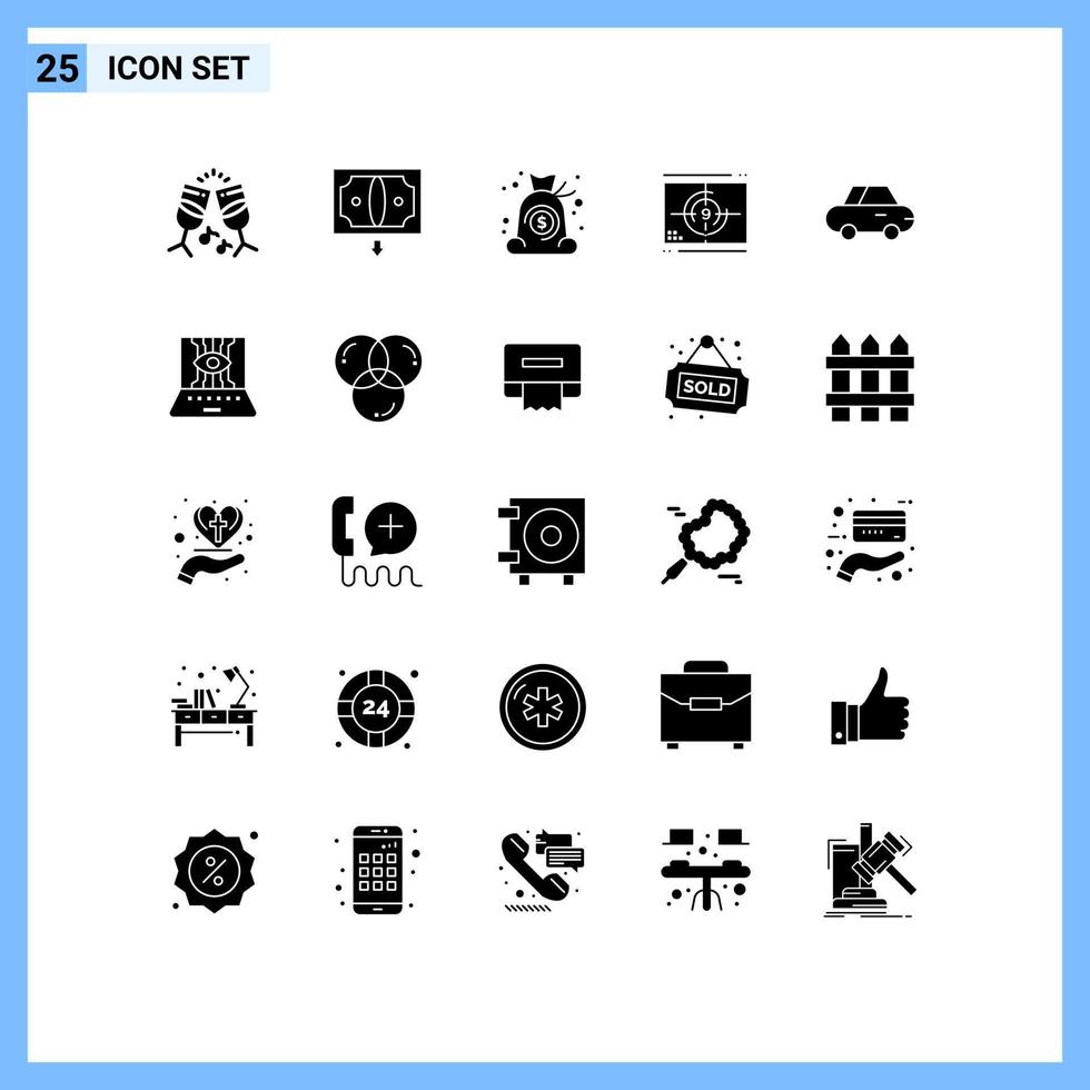 Pictogram Set of 25 Simple Solid Glyphs of roadster premiere cash opening movie Editable Vector Design Elements