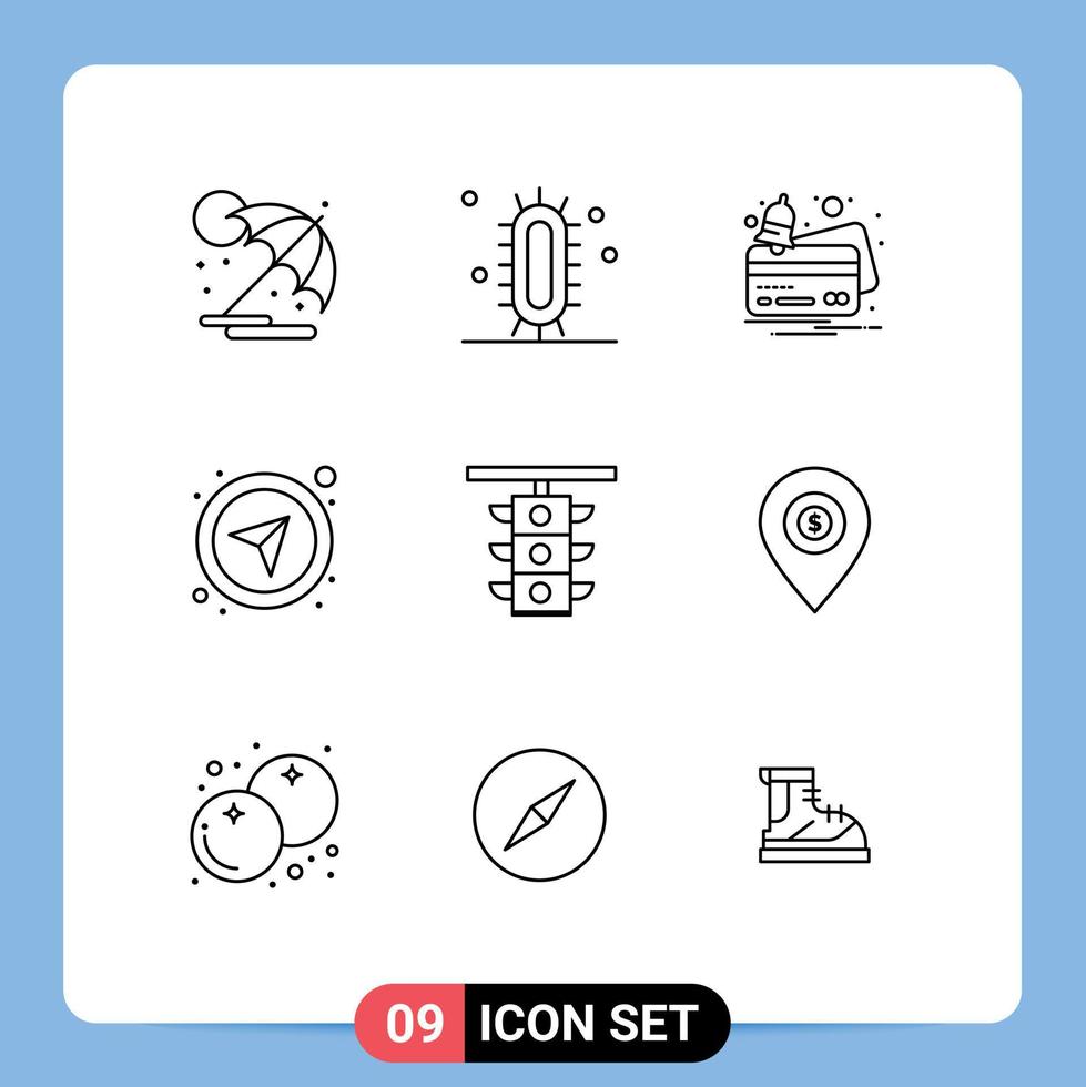 Mobile Interface Outline Set of 9 Pictograms of light gps study directional payment Editable Vector Design Elements