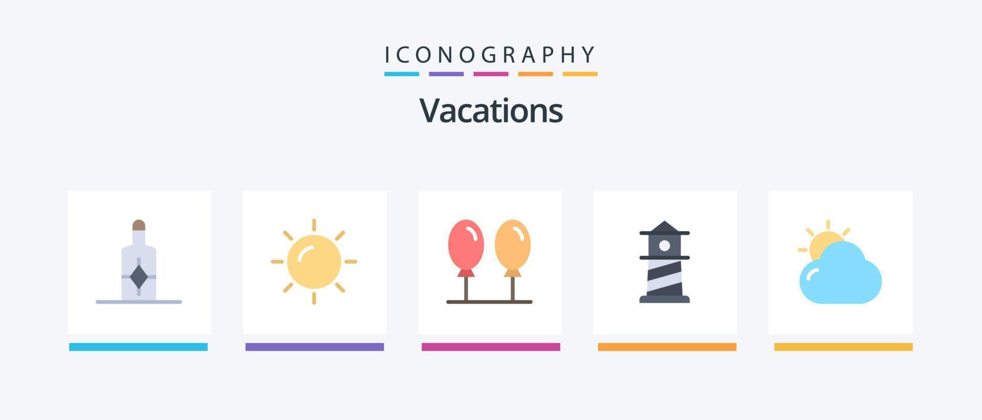 Paquete de 5 iconos de vacaciones planas que incluye. sol. volar. brillando nube. diseño de iconos creativos vector