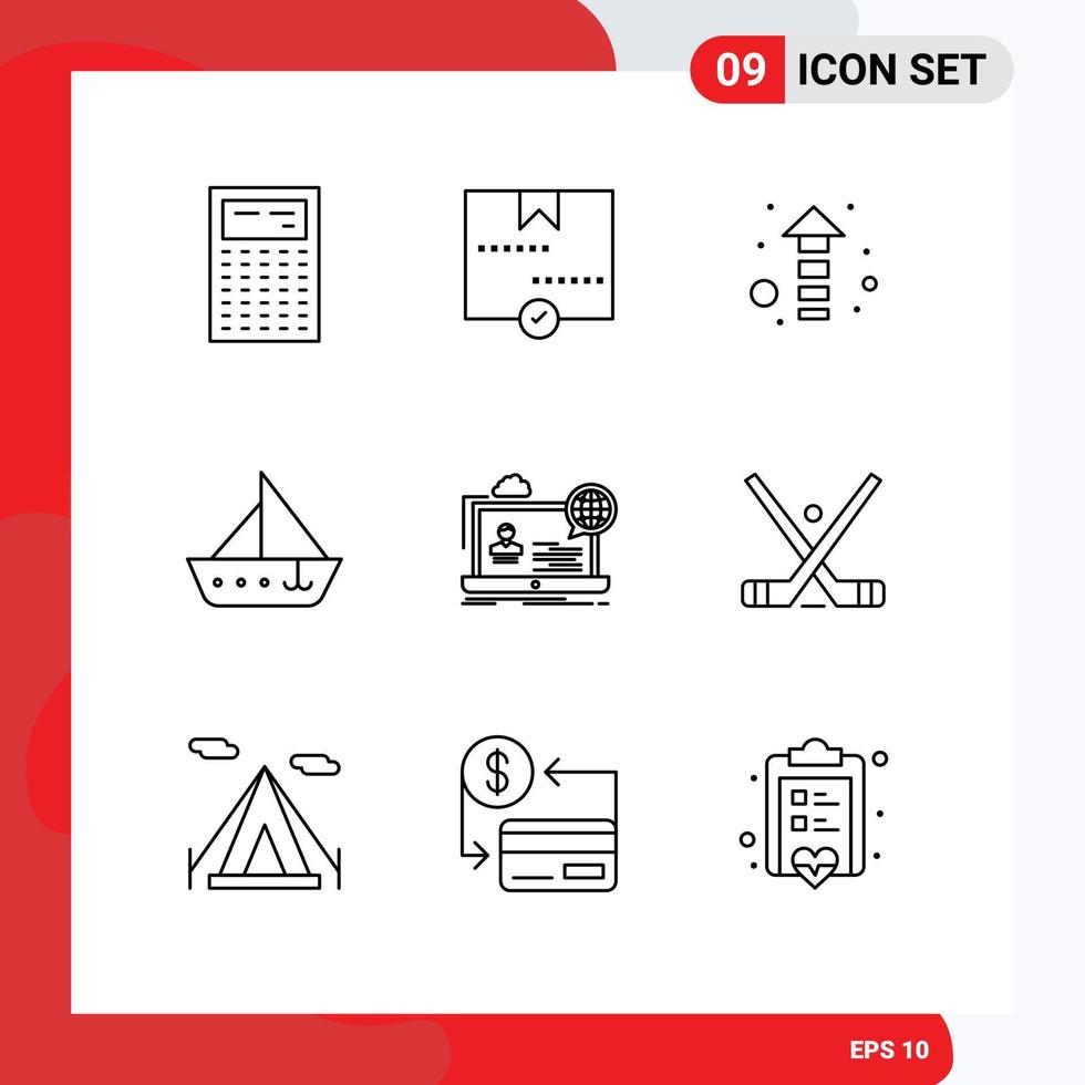 Pack of 9 Modern Outlines Signs and Symbols for Web Print Media such as webinar vehicles parcel ship boat Editable Vector Design Elements