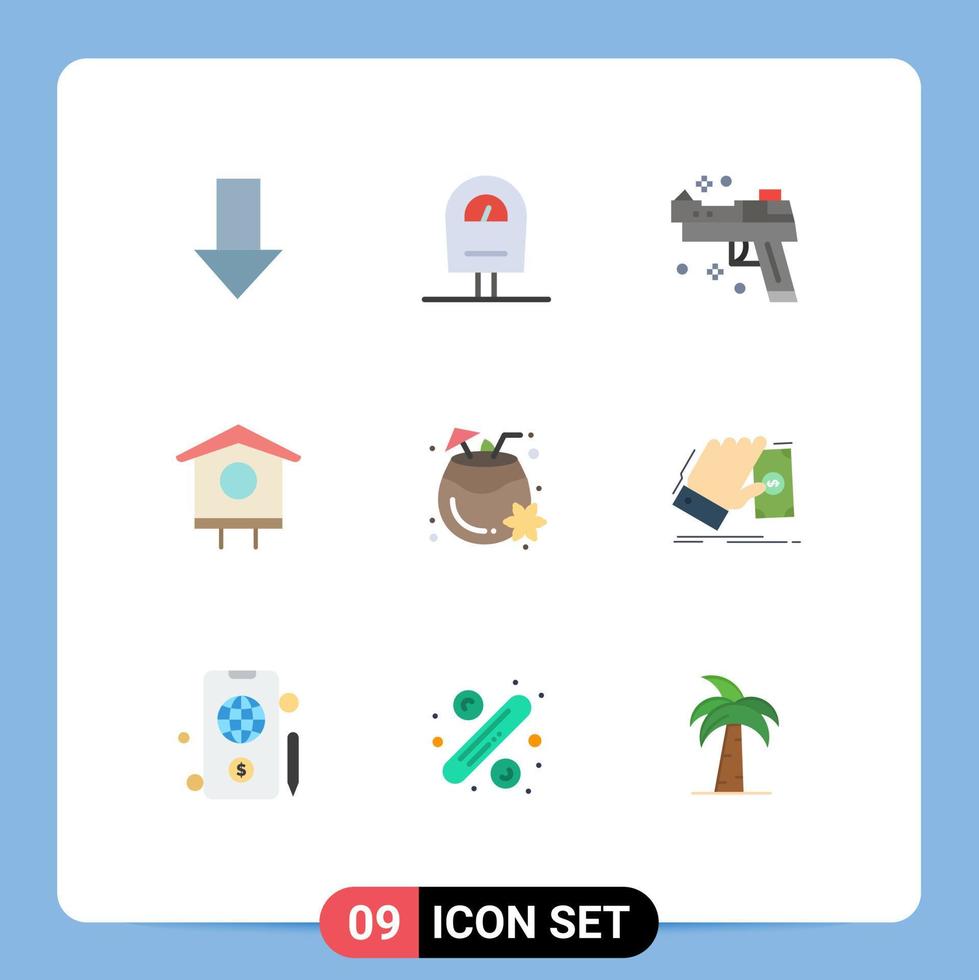 Universal Icon Symbols Group of 9 Modern Flat Colors of drink coconut gun spring bird Editable Vector Design Elements