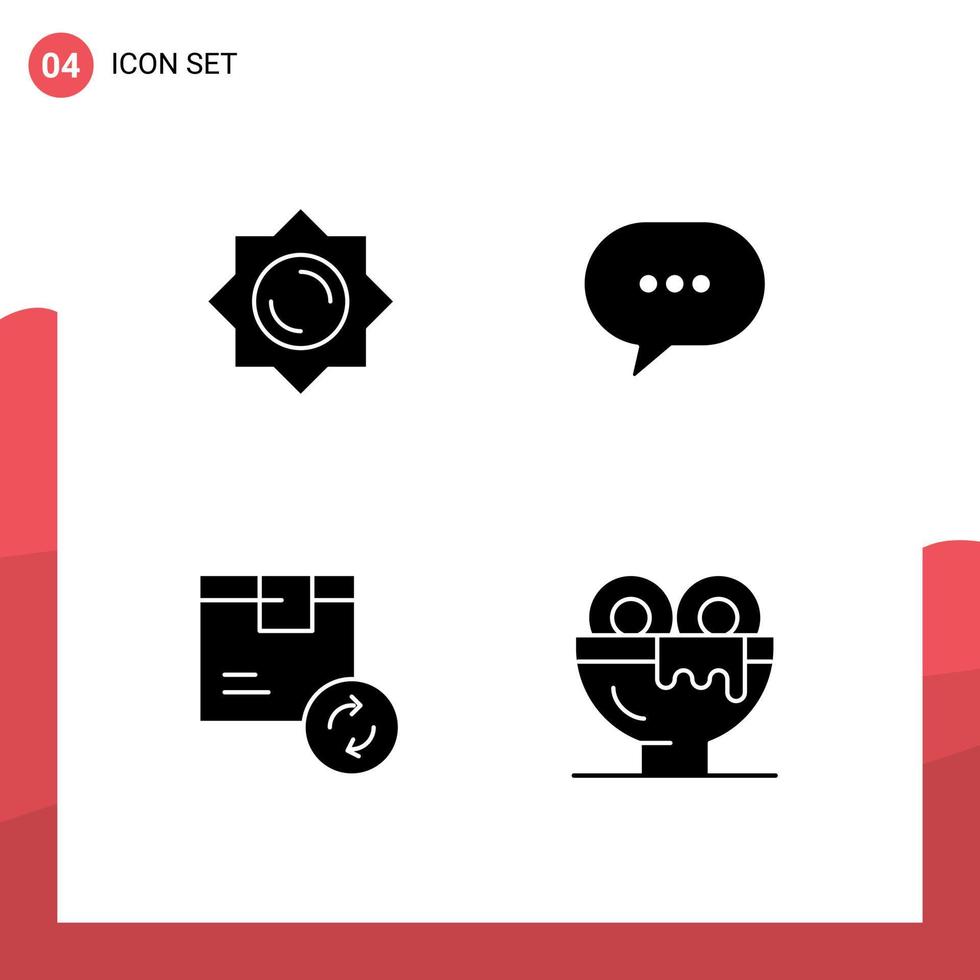 4 Universal Solid Glyphs Set for Web and Mobile Applications sun product chat bubble shipping Editable Vector Design Elements