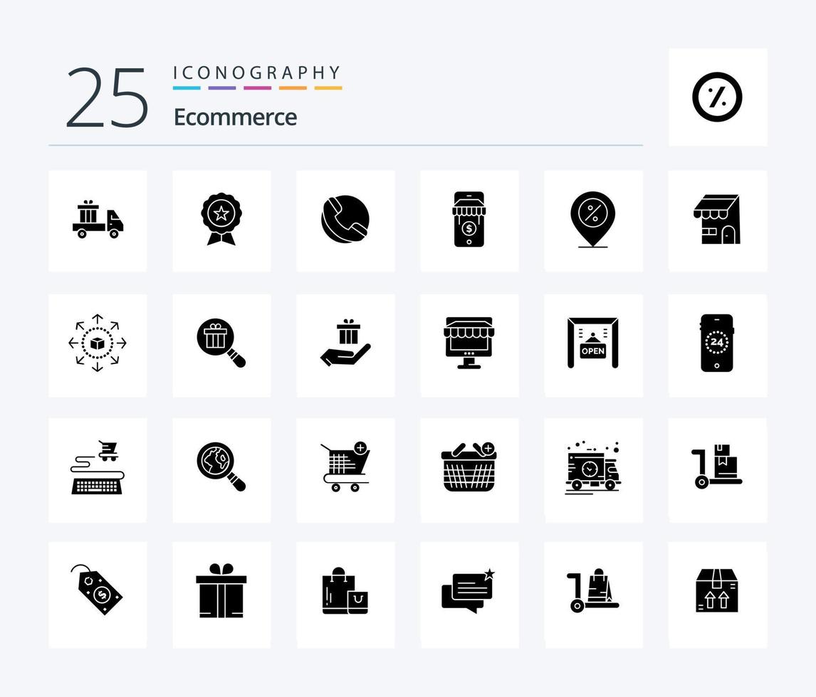 Ecommerce 25 Solid Glyph icon pack including percent. ecommerce. trusted. store. ecommerce vector