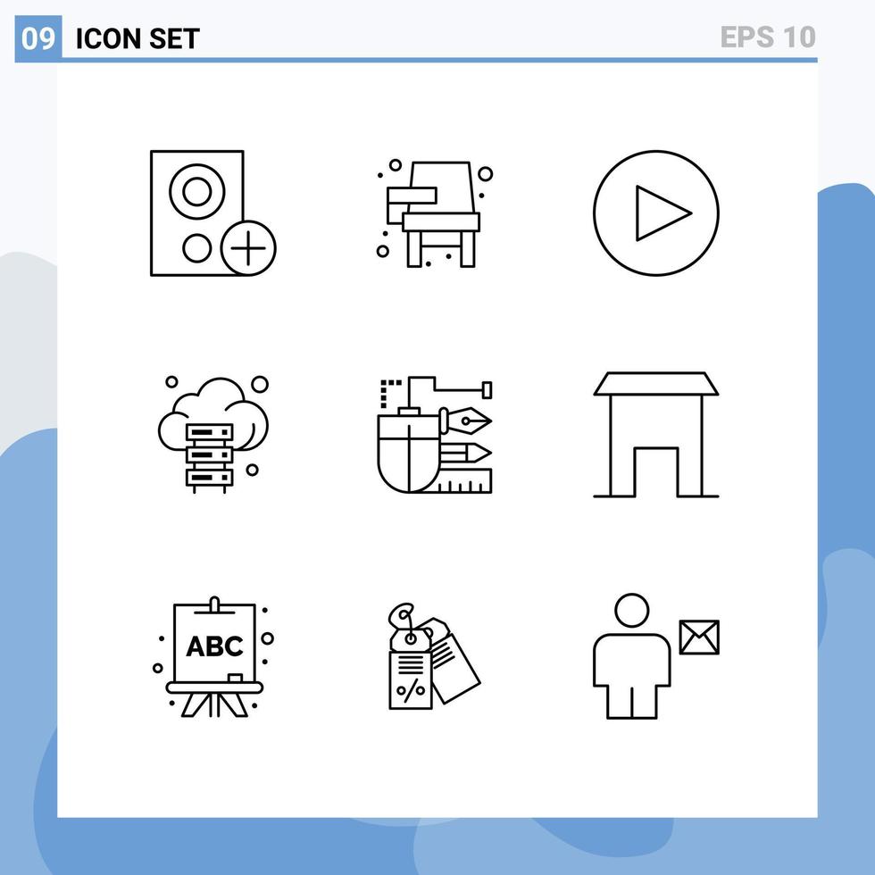 Set of 9 Commercial Outlines pack for drawing technology learning storage cloud Editable Vector Design Elements